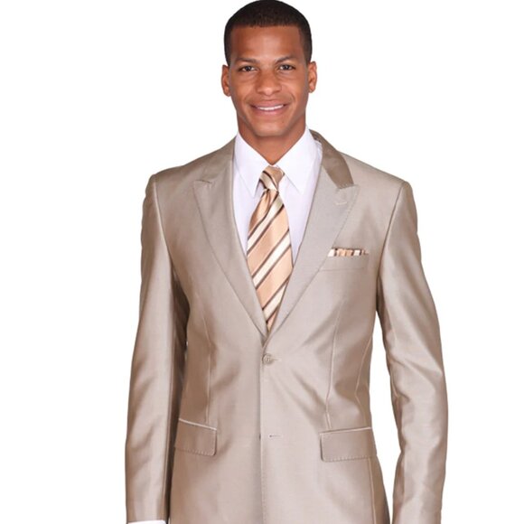 Mens 2 Button Peak Lapel Shiny Sharkskin Suit in Tan - Picture 1 of 2